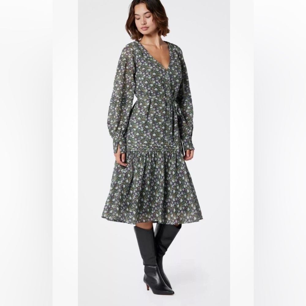 NWT Joie Cotton Gabriella Caviar multi Tired Long sleeve Midi Dress Sz 4 $378